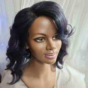 Wavy Black Women's Asymmetrical Cut Wig with Subtle Blue & Purple Highlights